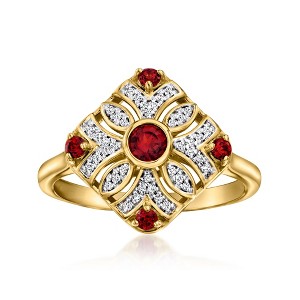 Ross-Simons 0.30 ct. t.w. Garnet and .10 ct. t.w. Diamond Vintage-Style Ring in 18kt Gold Over Sterling - 1 of 4