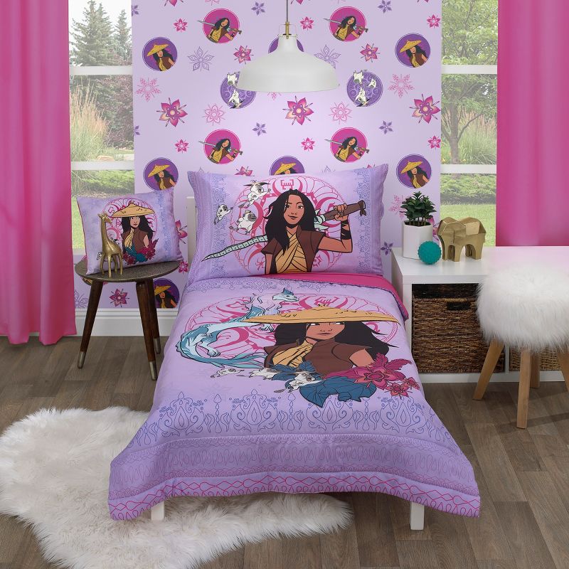 Disney Raya and the Last Dragon Mythic Pop Lavender, Magenta, and Blue with Sisu Dragon and Tuktuk 4 Piece Toddler Bed Set, 1 of 7