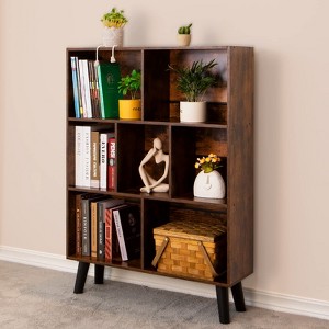 Aoibox Mid-Century Modern 3 Tier Cube Bookshelf Rustic Brown Wood Storage Organizer Shelf with Legs for Living Room Bedroom Office - 1 of 4