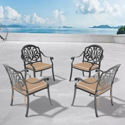 SKRAN Cast Aluminum Patio Dining Chair Set with Black Frame and Brown Cushions -  Outdoor Garden Furniture Set