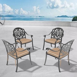 SKRAN Cast Aluminum Patio Dining Chair Set with Black Frame and Brown Cushions -  Outdoor Garden Furniture Set - 1 of 4