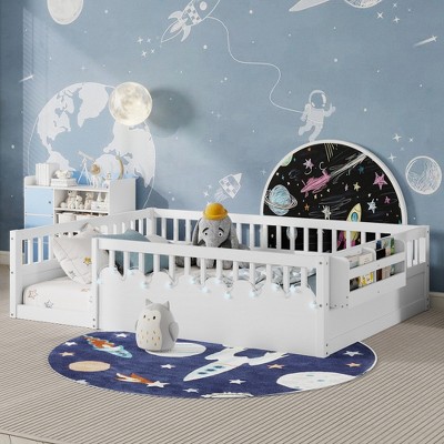 JUJABU Full Wood Floor Bed Frame with High Rails, Built-In Light & Storage Shelf for Kids