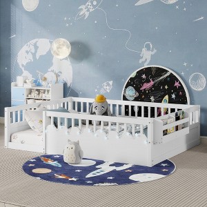 JUJABU Full Wood Floor Bed Frame with High Rails, Built-In Light & Storage Shelf for Kids - 1 of 4