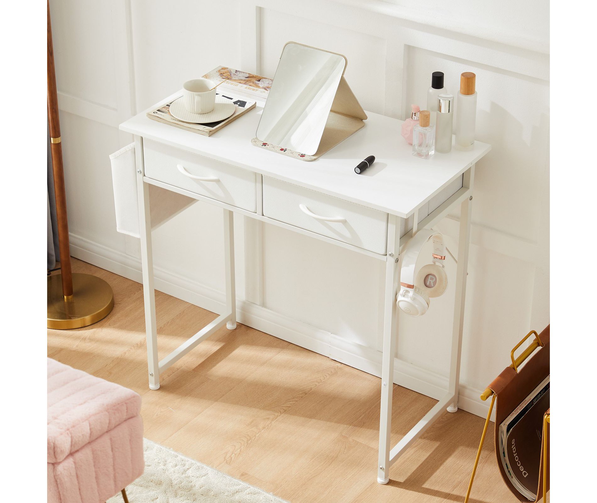 Sevobal Desks Computer Desk Small Home Office Bedroom Writing Study PC Table With Storage Space, Fabric Side Bag, White, 32"*15.7"*30.6"