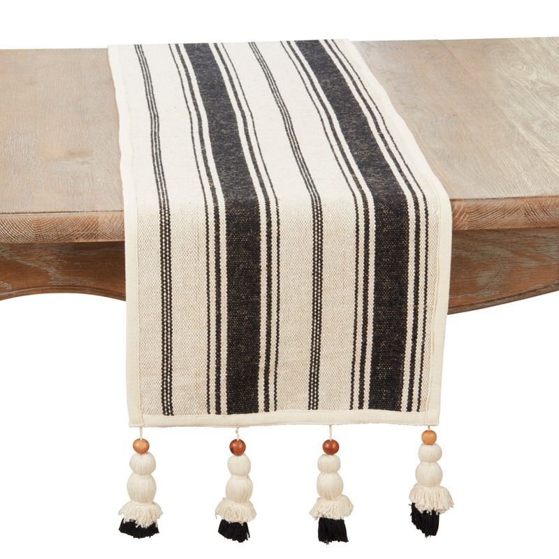 Saro Lifestyle Wood Bead Tassel Trimmed Stripe Table Runner, Black, 13"x72", 1 of 4