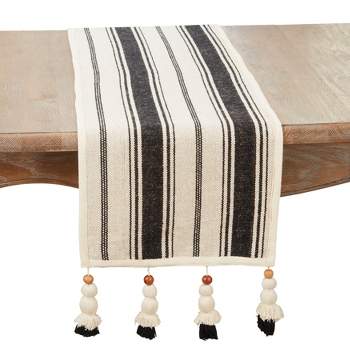 Saro Lifestyle Wood Bead Tassel Trimmed Stripe Table Runner, Black, 13"x72"