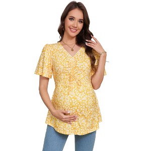 Clearlove Pregnancy Top Women's Drawstring Front V Neck Maternity T Shirt Short Sleeve Peplum Blouse - 1 of 4