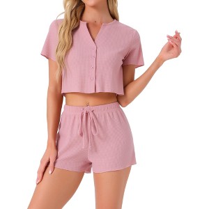 INSPIRE CHIC Women's Waffle Knit Button Down Short Sleeve Crop Tops with Shorts 2 Pcs Pajamas Set - 1 of 4