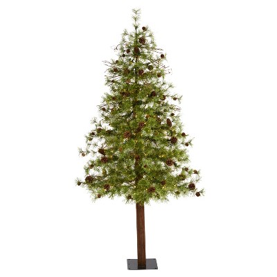 6ft. Alpine Artificial Christmas Tree with 150 Clear Multifunction LED Lights & Pine Cones on Trunk – Rustic Holiday X-Mas Tree