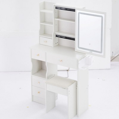 NicBex 29.2" Small Vanity Desk with Power Outlet,Makeup Desk with Touch LED Mirror&Hair Dryer Bracket,Makeup Vanity Table with Stool for Bedroom