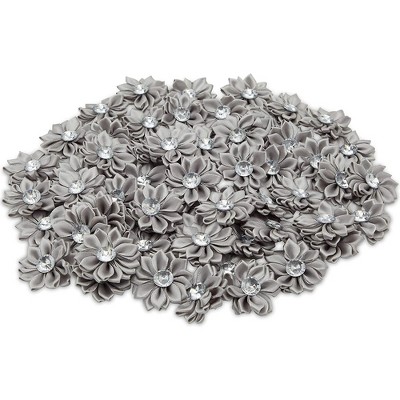 Juvale Craft Flowers - 60-Pack Flower Embellishments with Rhinestone, 1.5-Inch Grey Satin Ribbon Fabric Flowers for Craft, DIY Wedding Decorations,