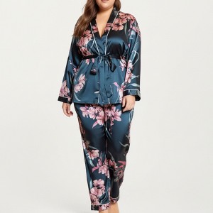 Anna-Kaci Lounge Women's PLus Size Satin Pajama Set with Wrap Front Tie Waist Top and Straight Leg Pants - 1 of 4