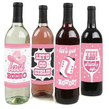 Big Dot of Happiness Last Rodeo - Pink Cowgirl Bachelorette Party Decorations for Women and Men - Wine Bottle Label Stickers - Set of 4