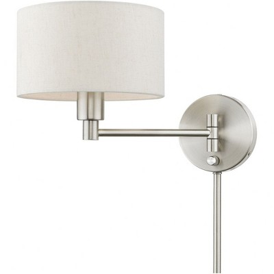 Transitional Brushed Nickel Swing Arm Wall Lamp with Oatmeal Fabric Shade