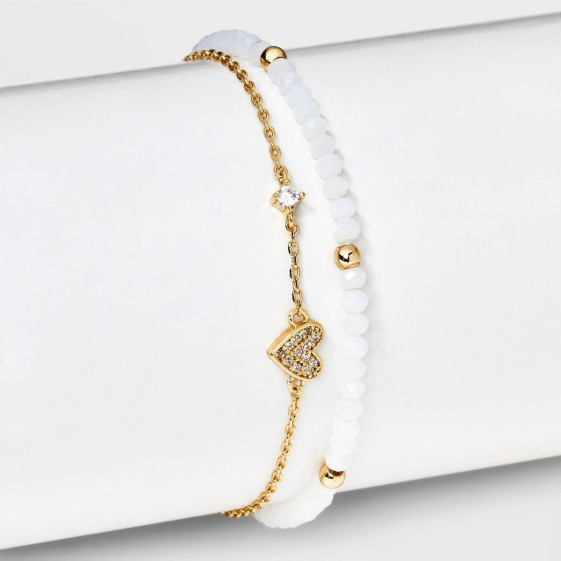 14k Gold Dipped Cubic Zirconia Heart on Chain and Crystal Stretch Bracelet Set 2pc - Gold/White, 2 of 5