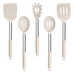 Itopfox 5-Piece Silicone Kitchen Utensil Set with Stainless Steel Handles for Nonstick Cookware, Heat-Resistant & Easy to Clean, Khaki - 1 of 4
