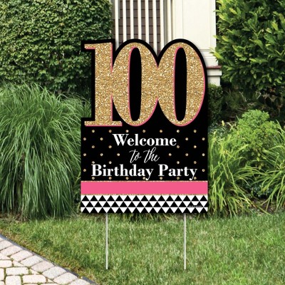 Big Dot of Happiness Chic 100th Birthday - Pink, Black and Gold - Party Decorations - Birthday Party Welcome Yard Sign