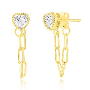 Bella Silver Sterling Silver Heart CZ Paperclip Earrings - Gold Plated - Gold - 1 of 2