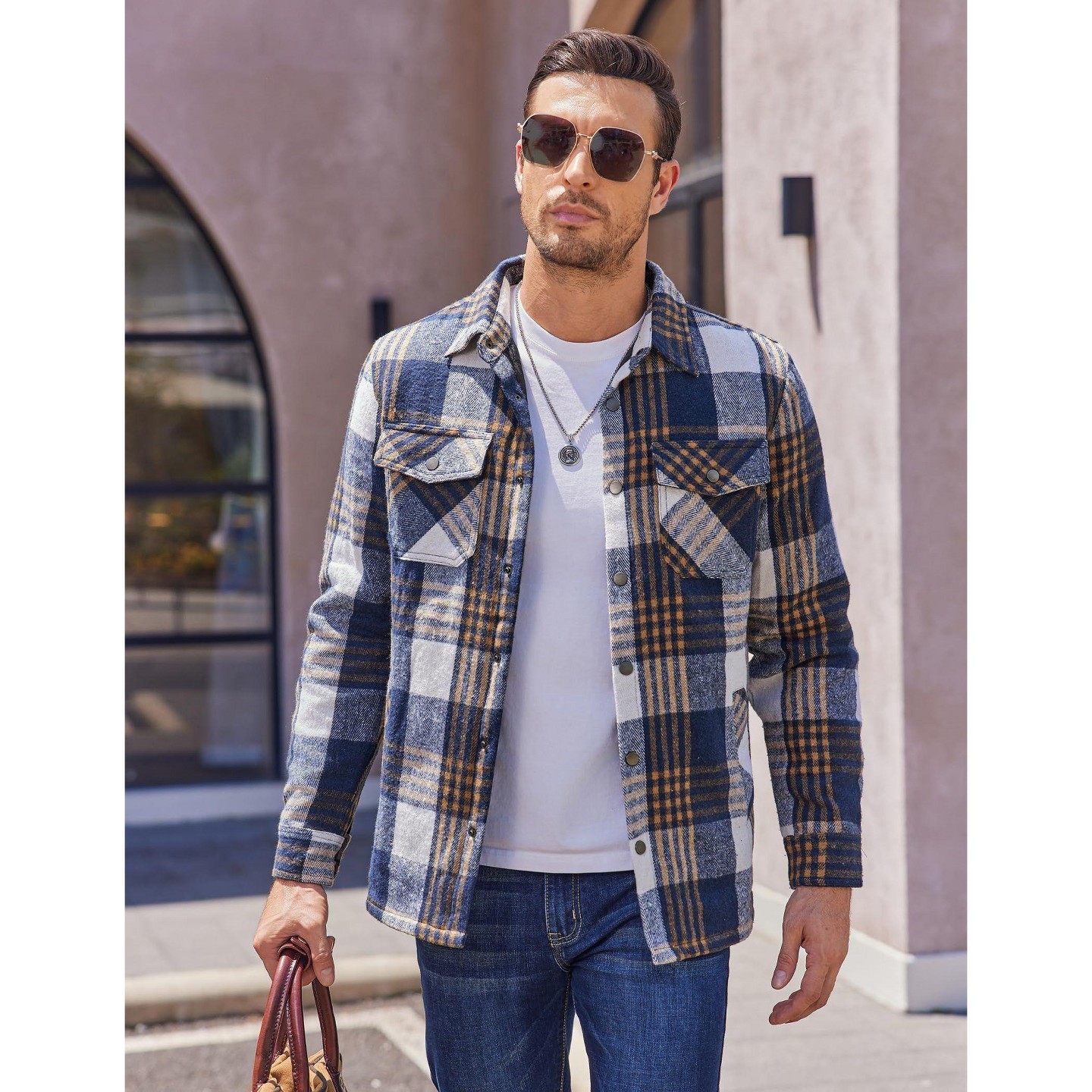 Мужская куртка COOFANDY Flannel Shackets for Men Plaid Cotton Lined Jacket Long Sleeve Warm Thick Fall Outwear Shirt Jackets with Pockets Dark Blue XL Dark Blue, цвет: Тёмный синий — фото 2