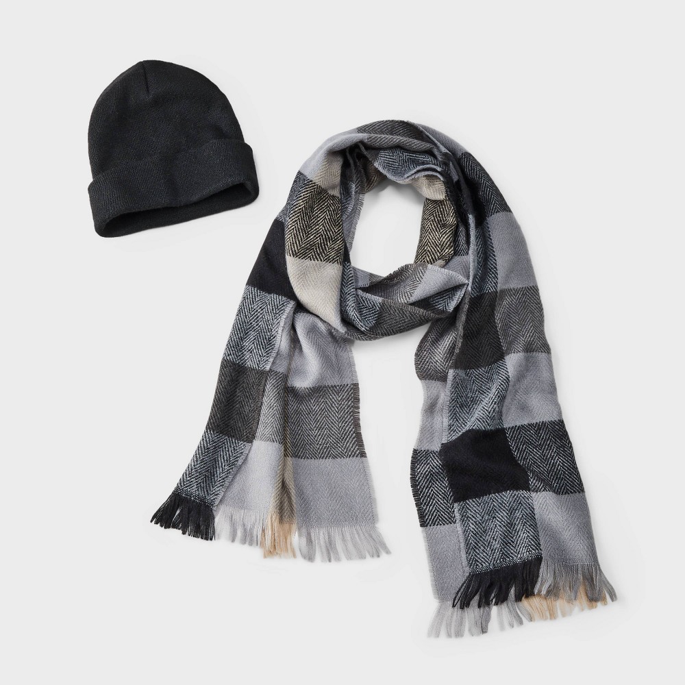 Men's Scarf and Beanie Set - Goodfellow & Co™ Gray/Black One Size Fits Most