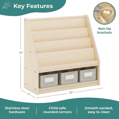 Natural Wooden Kids Book and Bin Display with Fabric Bins