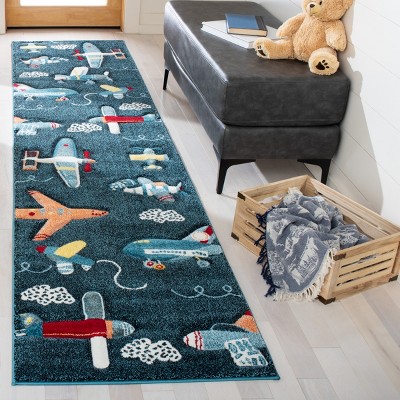 Navy and Ivory Airplane Kids Runner Rug 2'3" x 6'