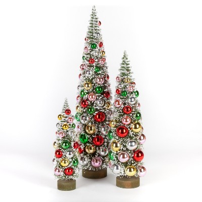 GIL Set of 3 Assorted PVC Bottle Brush Trees with Ornaments and Wood Base