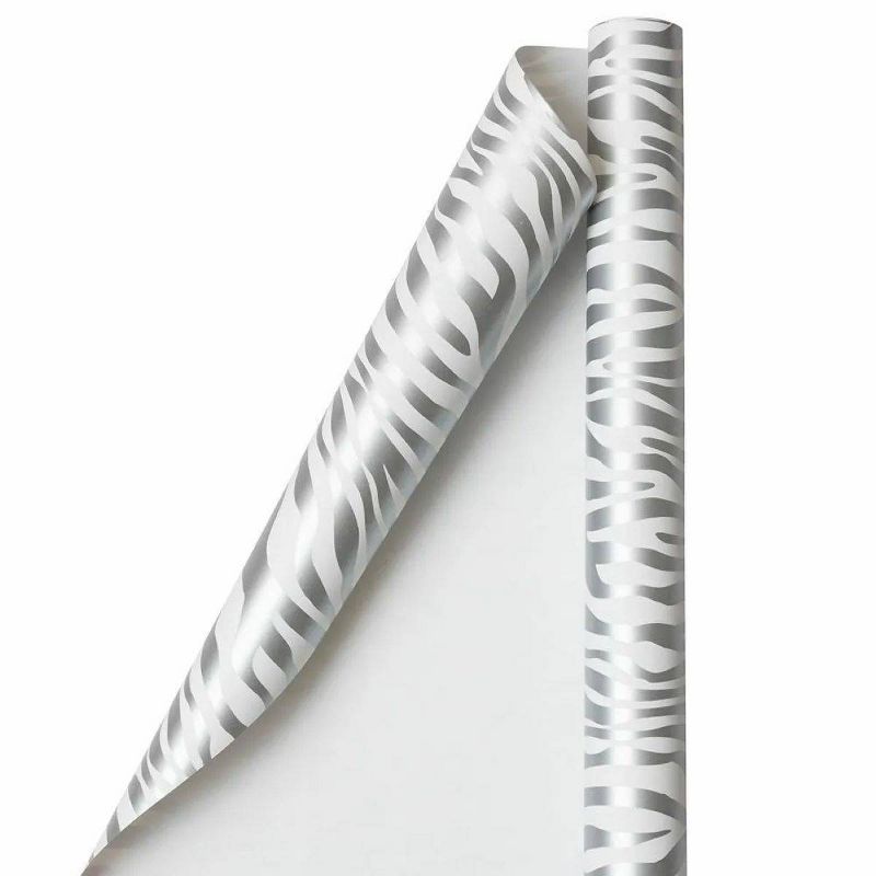 25 sqft JAM Paper &#38; Envelope Zebra Print Gift Roll Wrap Silver, 1 of 6