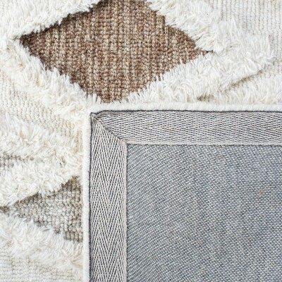 Ivory and Brown Hand-Tufted Wool Square Shag Rug, 6'x6'