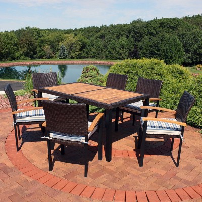 Carlow 7-Piece Brown Rattan and Acacia Wood Patio Dining Set with Blue Cushions