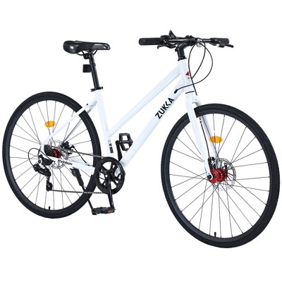 YONWAY 7 Speed Hybrid Road Bike 700C Road Bicycle with Carbon Steel Frame and Dual-Disc Brakes Ideal for Outdoor and Fitness Cycling (White)
