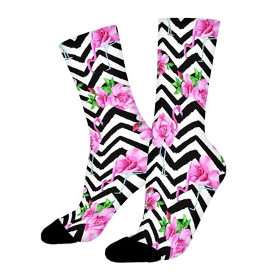 Pink Flamingo And Rose Flowers Women Printed Crew Socks Funny Funky Socks Soft Polyester Novelty Gifts for Artists Men