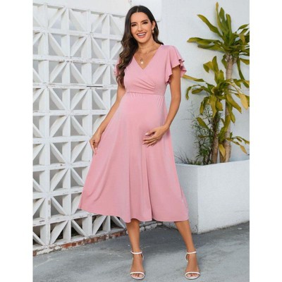 Coolmee Womens Maternity Midi Dress Wrap V Neck Baby Shower Pregnancy Dresses Elegant Classy Ruffle Sleeve Dress for Photoshoot