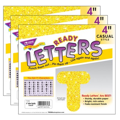 TREND Yellow Sparkle 4" Casual Uppercase Ready Letters®, 71 Per Pack, 3 Packs