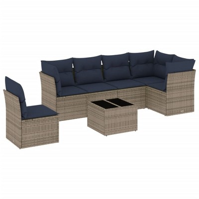 vidaXL 7 Piece Patio Sofa Set with Cushions Poly Rattan - Beige and Gray With Table