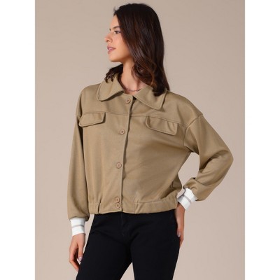 INSPIRE CHIC Women's Cropped Fall Casual Button Down Turndown Collar Long Sleeve Jacket Khaki Small — фото 3