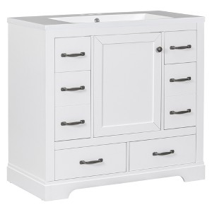 Vynxaria 36" Bathroom Vanities White Organizer Vanity with Six Drawers Adjustable Shelf 34.2"H - 1 of 4