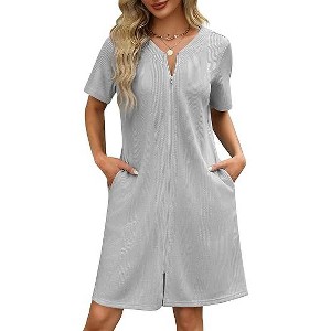 Ekouaer Women Zipper Robes Waffle Short Bathrobe Lightweight House Coat with Pockets Soft Nightgown - 1 of 4