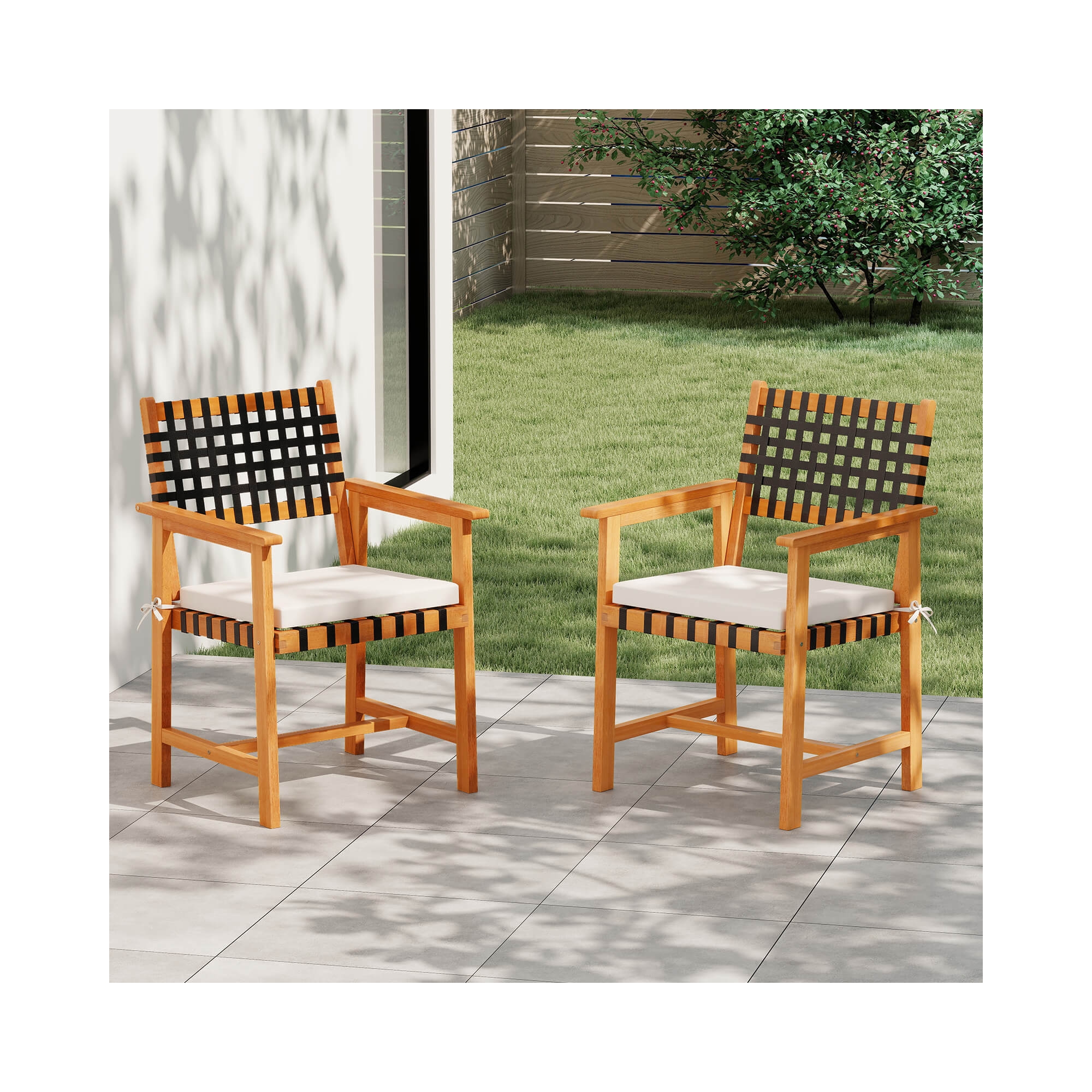 Costway Solid Acacia Wood Patio Chair Set of 2 with Padded Seat Cushion Washable Covers
