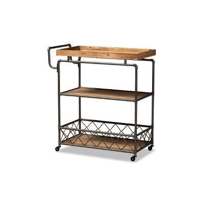 3 Tier Amado Rustic Industrial Farmhouse Wood and Metal Mobile Kitchen Cart Brown/Black - Baxton Studio