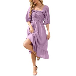 Clearlove Women's Summer Square Neck Midi Dress 2025 Casual Puff Half Sleeve Elastic Waist Boho Flowy Long Dresses - 1 of 4