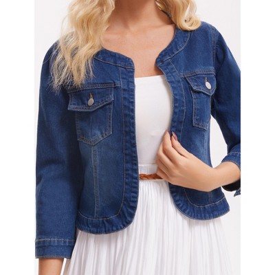 Женские куртки INSPIRE CHIC Women's Denim Collarless 2026 Causal 3/4 Sleeve Pockets Jean Jackets X-Large Blue — фото 5