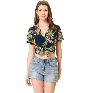 Allegra K Women's Hawaiian Floral Leaves Printed Short Sleeve Button Down Vintage Shirt - 1 of 4