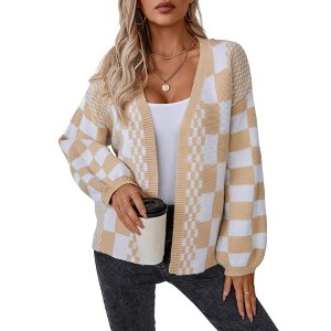 Women's Casual Loose Knit Cardigan Lantern Sleeve Plaid Sweater - 1 of 4