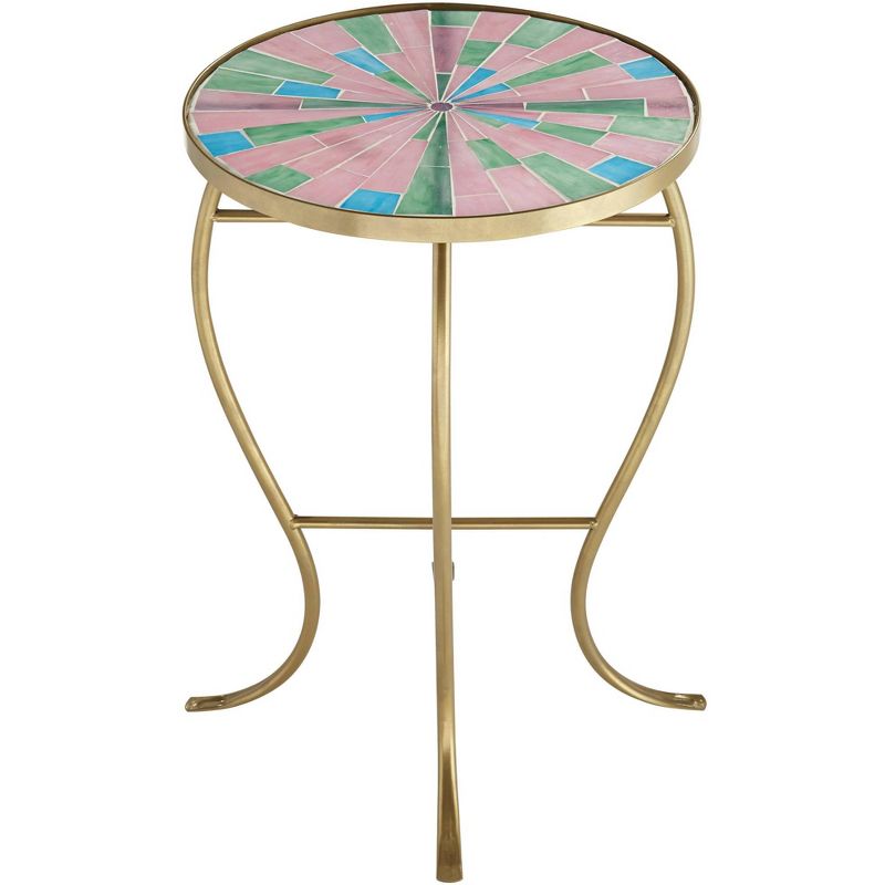 Teal Island Designs Modern Gold Round Outdoor Accent Side Table 14 1/4" Wide Pink Green Mosaic Tabletop for Front Porch Patio House Balcony, 5 of 8