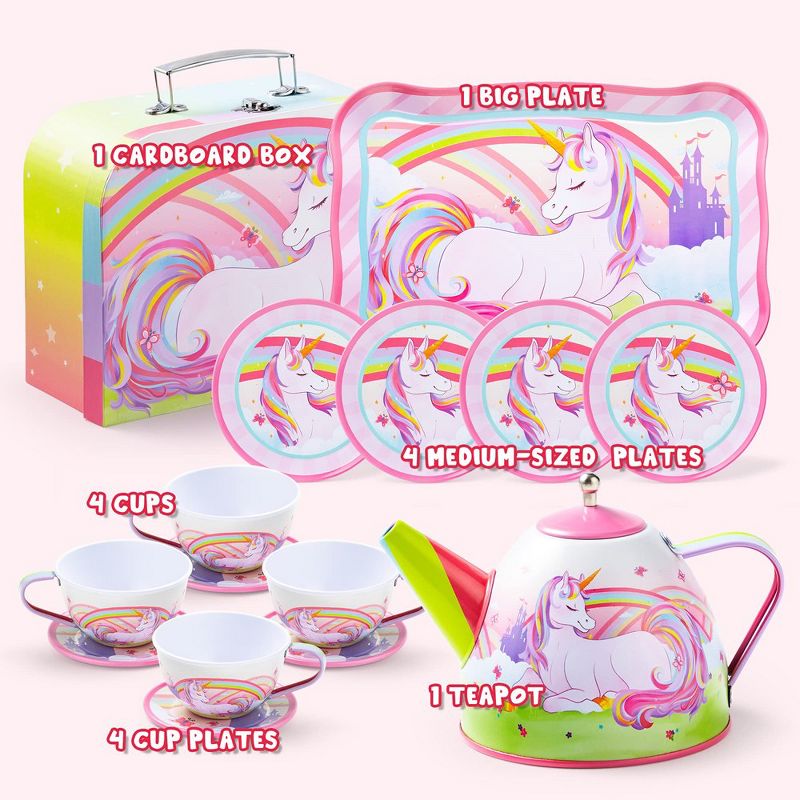 Joyin Unicorn Tin Teapot for Girls, Princess Tea Party Set Kitchen Toy with Teapot, Cups, Plates and Carrying Case for Birthday Gifts, 2 of 8