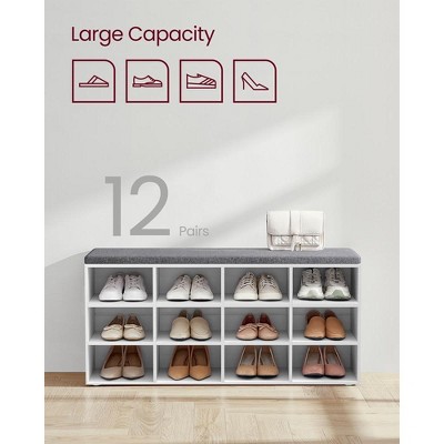 White and Gray 12-Cubby Shoe Storage Bench with Cushion
