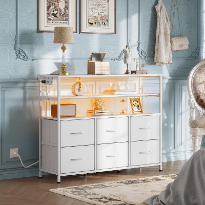 GALAXHERO 6 Drawer Dresser with LED Lights and Charging Station Fabric Chest with Open Shelves Bedroom and Living Room Storage Rustic Brown