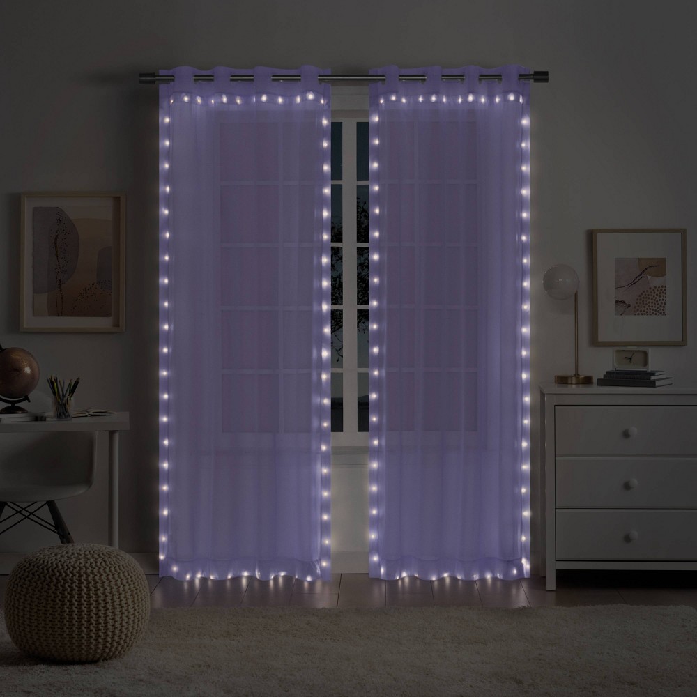 52"x84" Kids' Sheer Starlight Light Up Hookless Curtain Panel Lights with Remote Control Purple - Eclipse