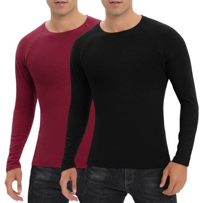 Mens Shirts 2 Packs Crew Tops Long Sleeve Ribbed Pullover Sweater Sim Fit Basic Layer Tops Solid Tee Crewneck Stretchy Undershirts